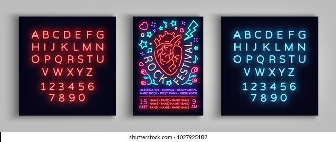 Invitation to Rock Festival. Typography, Poster in neon style, Flyer Design template for rock festival, concert, party, live music. Music Rock and Roll. Vector illustration. Editing text neon sign