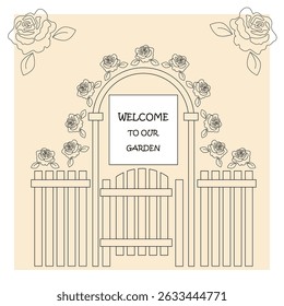 An invitation to the rose garden. The gate is covered with roses. Line art style. Vector illustration.