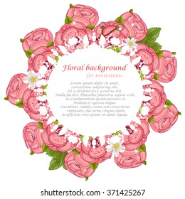 Invitation with roses and rose hips. Flower round frame. Flower invitation. Invitation to the wedding, birthday or celebration. Perfect for congratulations.