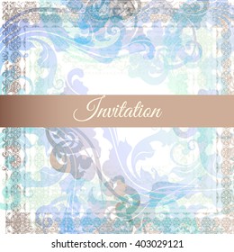 Invitation or save the date card in blue color with ornaments in vintage style