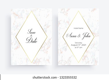 Invitation Save the Date card template of geometric design. Gold and marble. Two side. Invitation to a wedding party. Dimensions 5x7 inch. Eps10. Seamless pattern included.