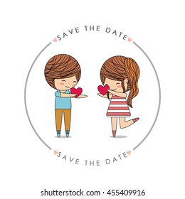 Invitation and save the date concept represented by cute couple cartoon of girl and boy icon. Colorfull and flat illustration. 