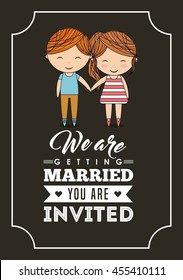 Invitation and save the date concept represented by cute couple cartoon of girl and boy icon. Colorfull and frame illustration. 