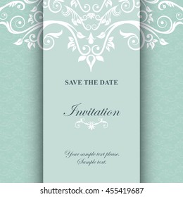 Invitation and save the date concept represented by decoration card icon. Blue illustration. 