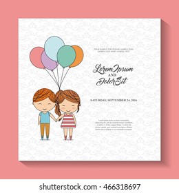 Invitation and save the date concept represented by balloons cute couple cartoon of girl and boy icon. Colorfull and flat illustration. 