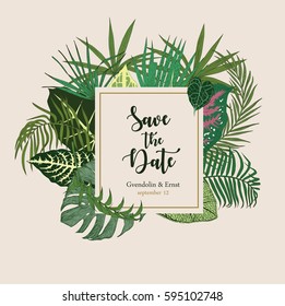 Invitation "Save the date" with exotic leaves. Vector.
