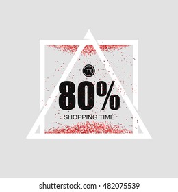 Invitation to the seasonal big sale in red color with sequins and confetti. The opening of the season of discounts. Vector illustration