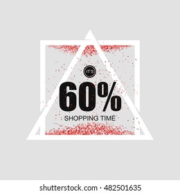 Invitation to the seasonal big sale in red color with sequins and confetti. The opening of the season of discounts. Vector illustration