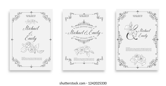 Invitation. A set of invitation cards for the wedding. Composition of flowers, text and decorative elements.