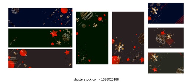 Invitation set Gold New Year card design with stylized christmas ball and christmas. Vector illustration geometry