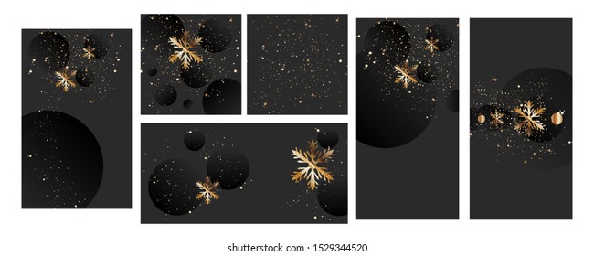 Invitation set Gold New Year card design with stylized christmas ball and christmas. Vector illustration geometry