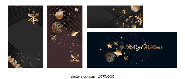 Invitation set Gold New Year card design with stylized christmas ball and christmas. Vector illustration geometry