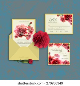 Invitation set template with watercolor red carnation. Wedding invitation set suite. Grunge background. Elegance pattern with flowers. Vintage vector illustration, eps 10