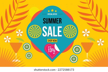 Invitation for shopping with 13% off. Happy summer background in flat cartoon design. Hello summer poster design. Summer Sale banner, hot season discount poster with tropical leaves. 