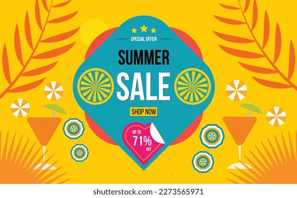 Invitation for shopping with 71% off. Happy summer background in flat cartoon design. Hello summer poster design. Summer Sale banner, hot season discount poster with tropical leaves. 