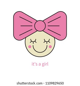 Invitation to shower party, birth of girl, daughter, baby face with smile. Vector illustration