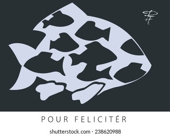 Invitation, silhouette of fish, isolated on black background
