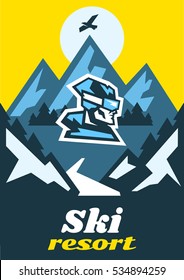 Invitation to the ski resort. Winter holidays. Advertising resting place. Logo skier's face. Horizontal view of a winter landscape. Mountain, forest. Vector illustration 