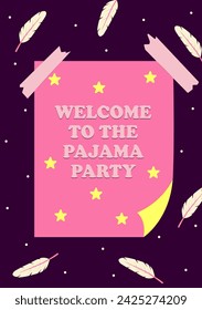 Invitación a una fiesta de dormir. Bienvenido al cartel de la fiesta de pijama. Una despedida de soltera temática, fiesta de pijamas o cumpleaños. Ilustración de vector