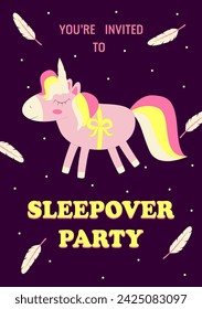 Invitación a una fiesta de pijamas. Lindo unicornio y plumas en el cielo. Una despedida de soltera temática, fiesta de pijamas o cumpleaños. Ilustración de vector