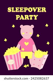 Invitación a una fiesta de pijamas. Oso de peluche para dormir, palomitas y papas fritas. Una despedida de soltera temática, fiesta de pijamas o cumpleaños. Ilustración de vector