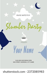 Invitation to slumber party, cloud, moon and stars, cup of hot tea and pillows around.