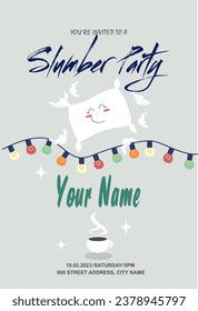 Invitation to a slumber party, a garland of colored lights, a funny pillow with feathers and a cup of hot tea.