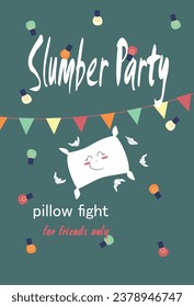 Invitation to slumber party, garland, colored lights and funny pillow with a smile.