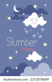 Invitación a fiesta de sueño, noche, cielo nublado con estrellas, nube sonriente.