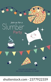 Invitación a una fiesta de sueño, con estancia de noche. Pizza, guirnaldas de luces de colores, una almohada divertida y una taza de té caliente.