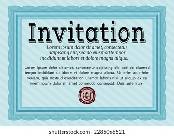 Invitation. Sophisticated design. With guilloche pattern and background. Customizable, Easy to edit and change colors.  Light blue color.