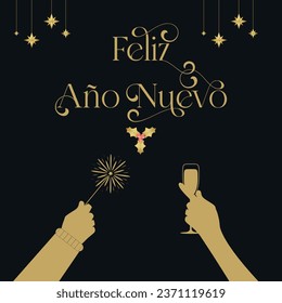 Invitation in Spanish to celebrate a Happy New Year. Golden decorations on a green background. Vector illustration.