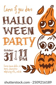 Invitation to a spooky Halloween party. Pumpkins and skulls, autumn leaves. illustration for website, poster, flyer. Join us for a celebration full of holiday fun, costumes, and candy galore.