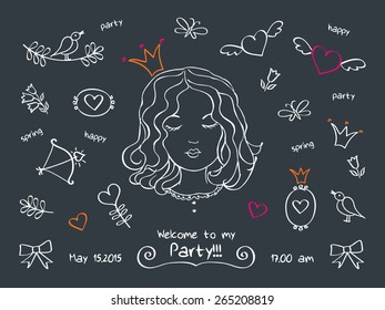 Invitation to a spring party, birthday, holiday. Party for the princesses. Hand drawn with chalk on the black chalkboard. Doodles, sketch. Vector illustration
