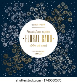 Invitation square card template. Elegant linear design twigs, gypsophila flowers. Floral pattern on dark dotted texture background with white, gold, grey botanical decor. EPS 10 vector illustration