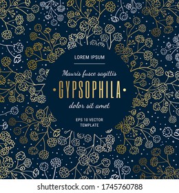 Invitation square card template. Elegant linear design twigs, gypsophila dried flowers. Chic dark textured autumnal rectangle background with white, gold, botanical decor. EPS 10 vector illustration