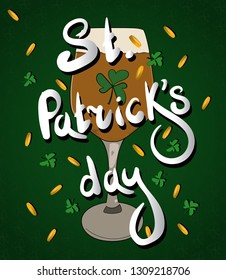 Invitation to St. Patrick's Day. A glass of beer on a green background with clover and gold coins. Saint Patrick's day set. Vector hand drawn illustration with lettering.