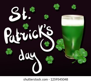 Invitation to St. Patrick's Day. Shamrock, green beer, lettering. Saint Patrick's day set. Vector 3d realistic illustration.