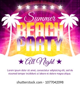 Invitation Summer Beach Party Flyer. Dance party poster template with place for text. Colorful halftone background. Vector Illustration