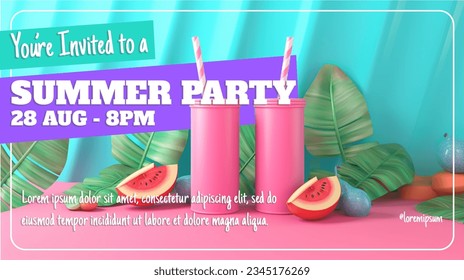 Invitation to a Summer Party, trendy and vibrant design. Tropical leaves and colorful fruits, pink blue and orange.