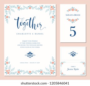 Invitation, table number and name place card design.  Floral wedding templates. Good for birthday, bridal and baby shower. Vector illustration.