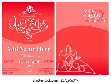 Quinceañera invitation template for 15th Birthday celebration in red, pink and white colors with My fifteen years sign in Spanish. Beautiful modern calligraphy event announcement design.