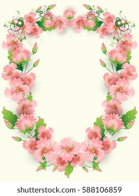 Invitation template with abstract pink flowers on a light background, decorative elements, butterflies