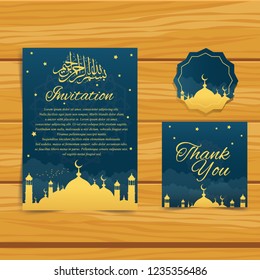 Invitation template with arabic calligraphy and Mosque vector plus Thankyour gift card - Translation of text : "Bismillahi rahmanir rahim (in the name of Allah, the compassionate, the merciful)"