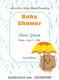 Invitation template, baby shower card. Arrival card with place for your text.Cute little owl holding in its paws colorful yellow orange umbrella.White background and blue rain drops