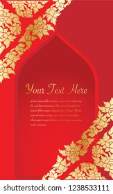 Invitation template, background and floral frame border design, Red and gold color of line art vintage illustration vector.