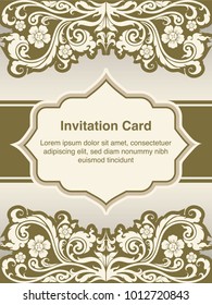 Invitation template, background and frame border vector design, Gold color of line art floral style decoration in vintage illustration