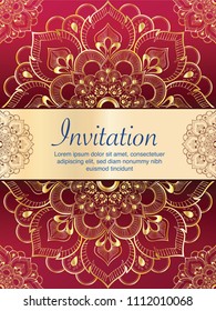 Invitation template, background and frame border vector design, Gold color of line art floral Mandala style decoration in vintage illustration