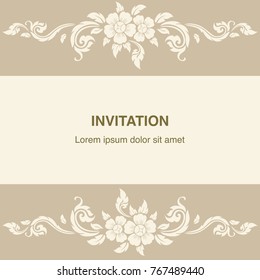 Invitation template, background and frame border vector design floral decoration in vintage art style illustration eps 10