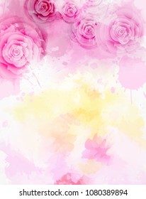 Invitation template background with watercolored abstract floral roses. For wedding, bridal shower, baby shower, etc. Pink and yellow colored.